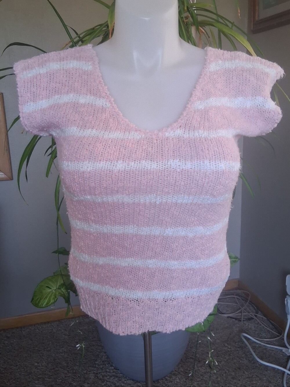 Vintage 80s Chenille Knit Top Pink White Stripe Pastel Cozy Retro Sweater Medium